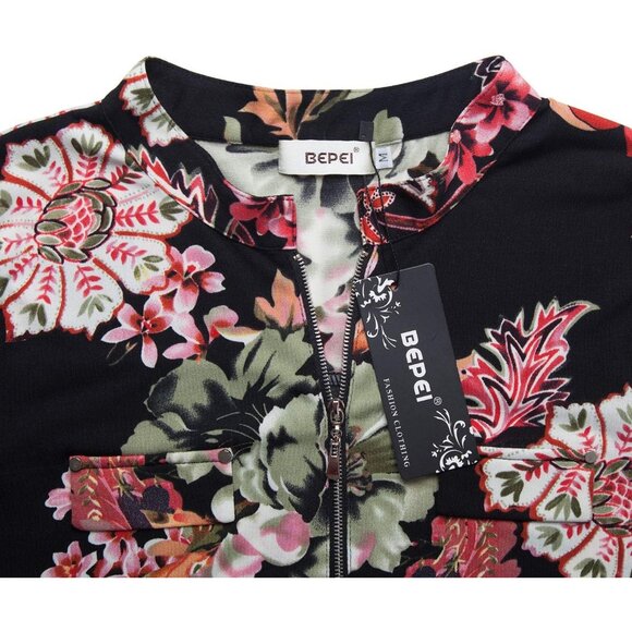 Womens  Black Armygreen Floral 3/4 Sleeve Shirts Zip V Neck Work Chiffon Top - Picture 4 of 5